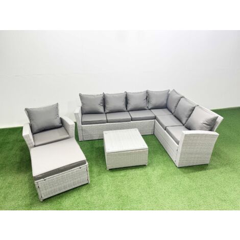 Fimous Rattan Garden Outdoor Furniture Set 8 Seater Rattan Garden Sofa Set with Armchair Big Footstool Light Grey Mixed (1/5)