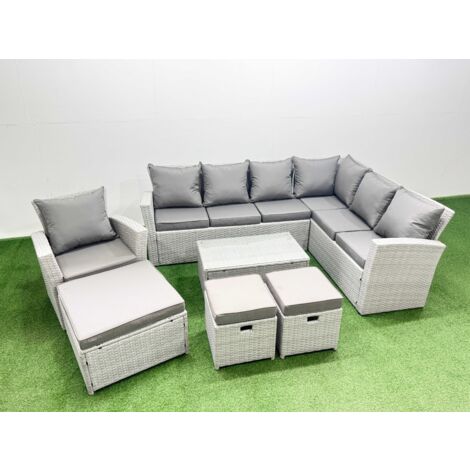 Fimous Garden Outdoor PE Rattan Furniture Set 10 Seater Rattan Garden Sofa Set with 3 Footstools Light Grey Mixed (1/5)