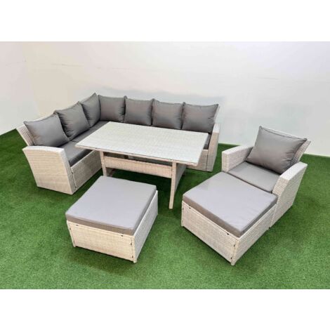 Fimous 9 Seater Rattan Garden Furniture Set Outdoor Patio Dining Corner Sofa Sets with Dining Table Chair 2 Big Footstools Light Grey Mixed (1/5)