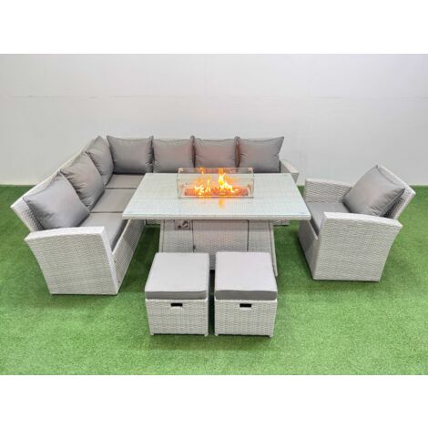 Fimous 9 Seat Rattan Garden Furniture Corner Sofa Set Outdoor Gas Fire Pit Table Sets with 2 Small Footstools Light Grey