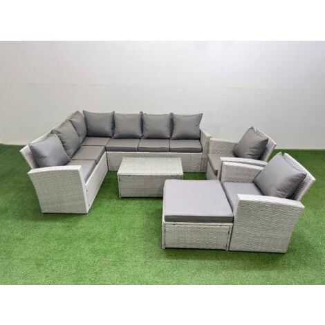 Fimous 9 Seater Garden Outdoor PE Rattan Furniture Set Rattan Garden Sofa Set with Big Footstool 2 Chair Light Grey Mixed (1/5)