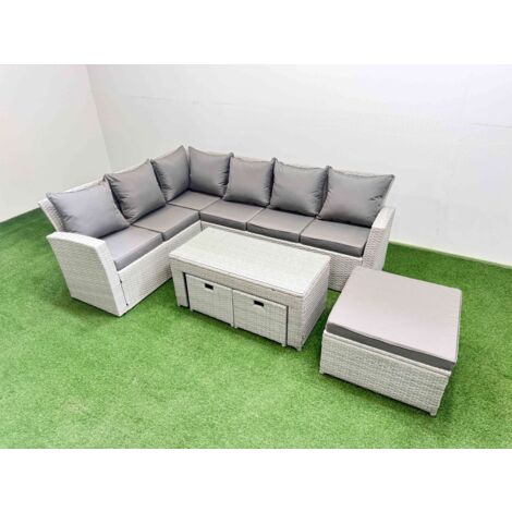 Fimous Rattan Garden Furniture Set Outdoor 9 Seater Corner Sofa Sets with Oblong Coffee Table 3 Footstools Light Grey Mixed (1/5)