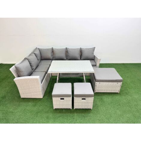 Fimous Garden Outdoor Rattan Furniture Set Rattan Corner Sofa Oblong Dining Table Set with 3 Footstools Light Grey Mixed 9 Seater (1/5)