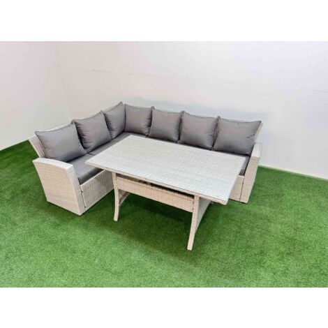 Fimous 6 Seater Rattan Garden Furniture Set Outdoor Patio Dining Corner Sofa Sets with Dining Table Light Grey Mixed (1/5)