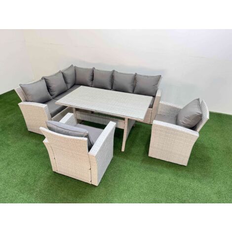 Fimous 8 Seater Rattan Garden Furniture Set Outdoor Patio Dining Corner Sofa Sets with Dining Table 2 Chairs Light Grey Mixed (1/5)
