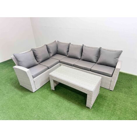 Fimous Rattan Garden Furniture Set Outdoor 6 Seater Corner Sofa Sets with Oblong Coffee Table Light Grey Mixed (1/5)