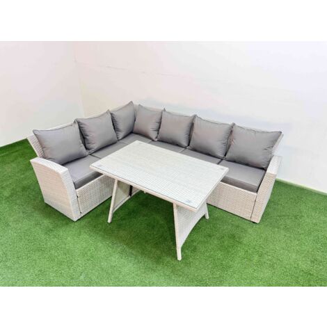 Fimous Garden Outdoor Rattan Furniture Set Rattan Corner Sofa Oblong Dining Table Set Light Grey Mixed 6 Seater (1/5)