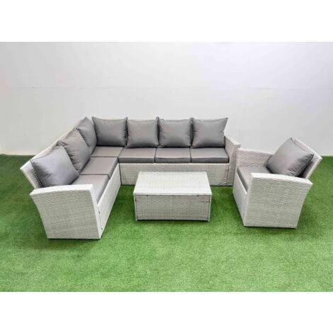 Fimous 7 Seater Garden Outdoor PE Rattan Furniture Set Rattan Garden Sofa Set with Big Footstool Light Grey Mixed (1/5)