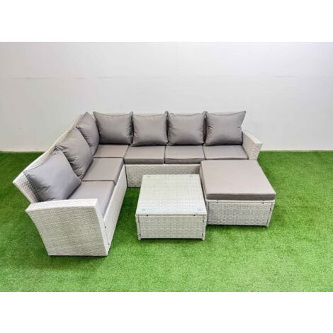 Fimous Outdoor Rattan Garden Furniture Set 7 Seater Corner Sofa Sets with Square Coffee Table Big Footstool Light Grey Mixed (1/5)