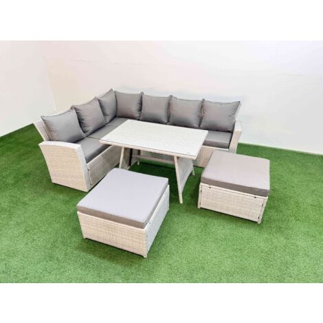 Fimous Garden Outdoor Rattan Furniture Set Rattan Corner Sofa Oblong Dining Table Set with 2 Big Footstools Light Grey Mixed 8 Seater (1/5)