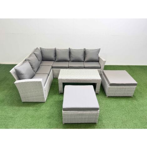 Fimous Rattan Garden Furniture Set Outdoor 8 Seater Corner Sofa Sets with Oblong Coffee Table 2 Big Footstools Light Grey Mixed (1/5)