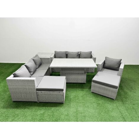 Fimous 7 PCs Rising Dining Table Set Rattan Furniture Set with 3 Seater Sofa Chair 2 Big Footstool Side Table Light Grey (1/5)