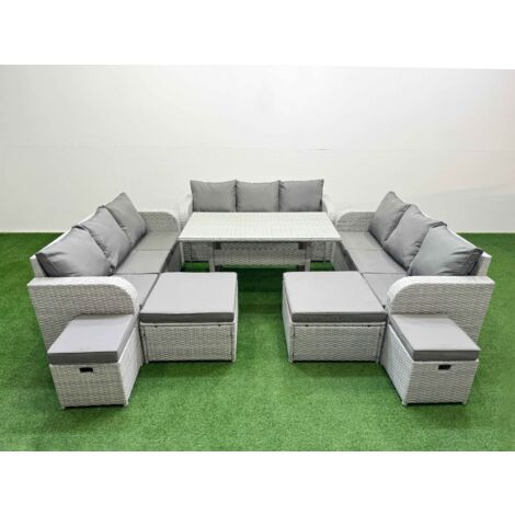 Fimous PE Rattan Lounge Sofa Set 10 Seater Outdoor Garden Furniture Set with Dining Table 3 Seater Sofa 2 Big Footstools Light Grey (1/5)