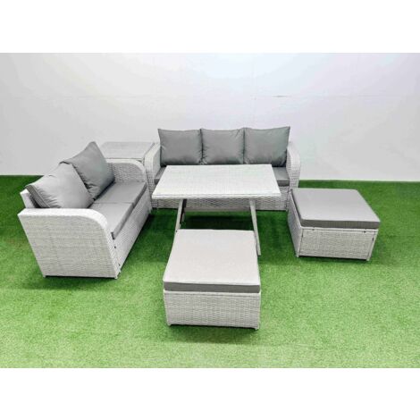 Fimous Outdoor PE Rattan Garden Furniture Set Rectangular Dining Table Sofa Set with 2 Big Stool Side Table Light Grey (1/5)
