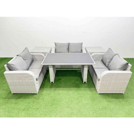 Fimous 6 Seater Patio Garden Furniture Sets with Black Glass Top Dining Table Love Sofa 2 Side Tables Light Grey (1/5)