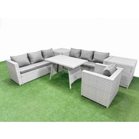 Fimous Outdoor Rattan Garden Furniture Dining Set 7-seater Patio Rectangular Table 3 Seater Sofa Armchair Set with 2 Side Tables (1/5)
