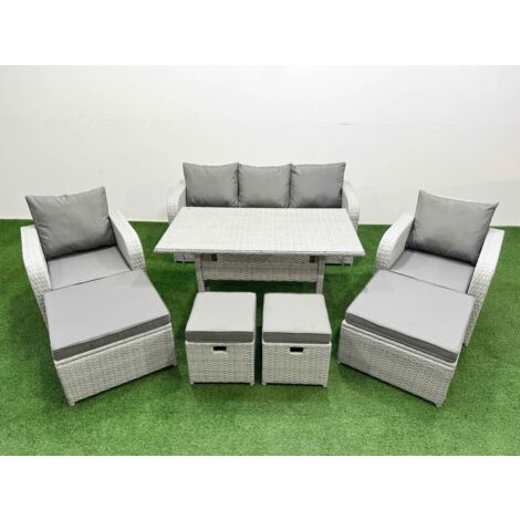 Fimous PE Rattan Lounge Sofa Set 9 Seater Outdoor Garden Furniture Set with Dining Table 3 Seater Sofa 2 Big Footstools Light Grey (1/5)