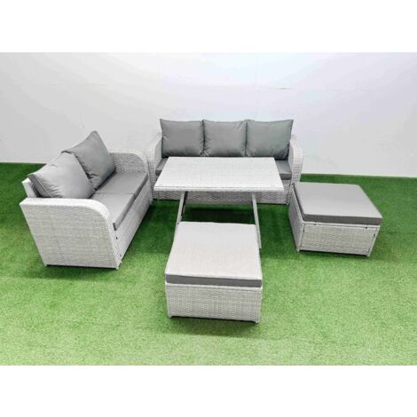 Fimous Outdoor PE Rattan Garden Furniture Set Rectangular Dining Table Sofa Set with 2 Big Stool Light Grey (1/5)