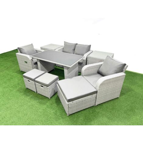 Fimous Outdoor Rattan Garden Furniture Dining Set 7-seater Patio Rectangular Table Love Sofa Reclining Chair Set with 2 Side Tables 3 Stools (1/5)