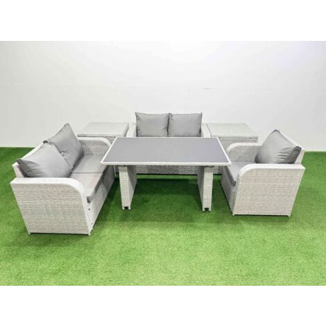 Fimous Rattan Sofa Outdoor Furniture with Dining Table,2 Side Tables,Love Sofa Patio Furniture Light Grey 5 Seater (1/5)