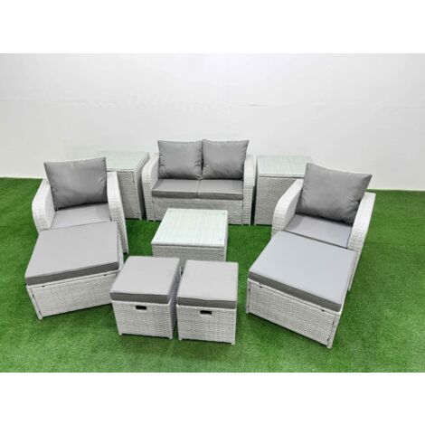 Fimous Outdoor Garden Furniture Set PE Rattan Love Sofa Reclining Chair Set with Coffee Table 4 Footstools 2 Side Tables Light Grey (1/5)