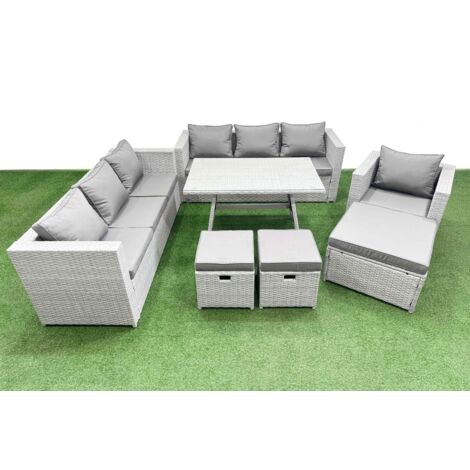 Fimous Outdoor Rattan Garden Furniture Dining Set 10-seater Patio Rectangular Table 3 Seater Sofa Armchair Set with 3 Stools (1/5)