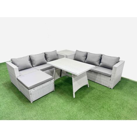 Fimous Rattan Garden Furniture Dining Set 7-seater Patio Rectangular Table 3 Seater Sofa Set with Side Table Big Stool Light Grey (1/5)