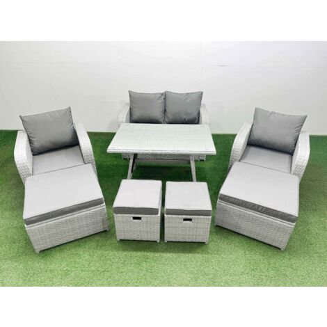 Fimous Rattan Garden Furniture Dining Set 8-seater Patio Rectangular Table Sofa Set with 4 Stools Light Grey (1/5)