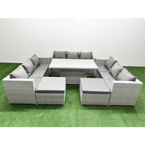 Fimous 6 PCs Rising Dining Table Set Rattan Furniture Set with 3 Seater Sofa 2 Big Footstool Light Grey (1/5)