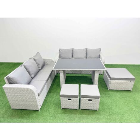 Fimous 9 Seater Rattan Outdoor Dining Table 3 Seater Sofa Set with 3 Stools Light Grey (1/5)