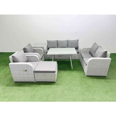 Fimous PE Rattan Garden Furniture Set Outdoor Rectangular Dining Table Sofa Set with Reclining Chair Big Stool Side Table Light Grey (1/5)