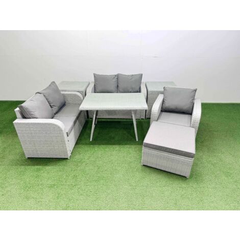 Fimous 6 Seater Outdoor Rattan Garden Furniture Set Love Sofa Reclining Chair Set with Rectangular Dining Table 2 Side Tables Big Footstool Light Grey (1/5)