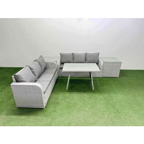 Fimous Patio Dining Table & Chairs Set Rattan High Back Lounge Sofa Set with 3 Seater Sofa 2 Side Tables Light Grey (1/5)