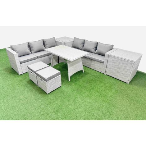 Fimous Rattan Garden Furniture Dining Set 8-seater Patio Rectangular Table 3 Seater Sofa Set with 2 Side Tables 2 Small Stools Light Grey (1/5)