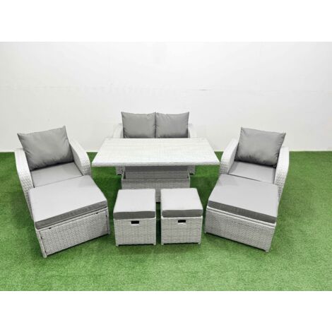 Fimous 8 PCs Rising Dining Table Set Reclining Chair Inclining Love Sofa Seat 2 Big Footstool 2 Small Stool Light Grey (1/5)