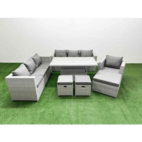 Fimous 6 PCs Rising Dining Table Set Rattan Furniture Set with 3 Seater Sofa Chair 3 Footstools Light Grey (1/5)