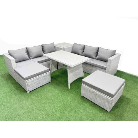 Fimous Rattan Garden Furniture Dining Set 8-seater Patio Rectangular Table 3 Seater Sofa Set with Side Table 2 Big Stools Light Grey (1/5)
