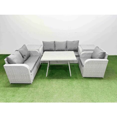 Fimous Rattan High Back Lounge Sofa Set Patio Dining Table & Chairs Set with 3 Seater Sofa Reclining Chair 2 Side Tables Light Grey (1/5)
