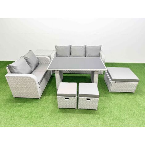 Fimous Garden Furniture Set PE Ratten Garden Sofa Set with Rectangular Dining Table 3 Stool Side Table Light Grey (1/5)
