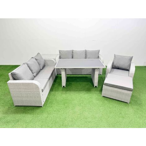 Fimous Rattan Garden Furniture Dining Set 8-seater Patio Rectangular Table Sofa Set with Side Table Big Stool Light Grey (1/5)