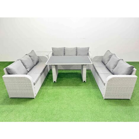Fimous Patio Garden Furniture Sets with Black Glass Top Dining Table 3 Seater Sofa Side Table Light Grey (1/5)