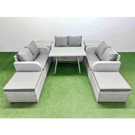Fimous Rattan Garden Furniture Dining Set 8-seater Patio Rectangular Table Love Sofa Set with 2 Side Tables 2 Big Stools (1/5)