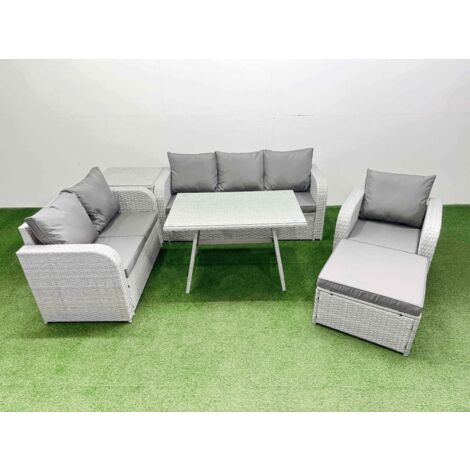 Fimous Rattan High Back Lounge Sofa Set Patio Dining Table & Chairs Set with 3 Seater Sofa Reclining Chair Side Table Big Stool Light Grey (1/5)