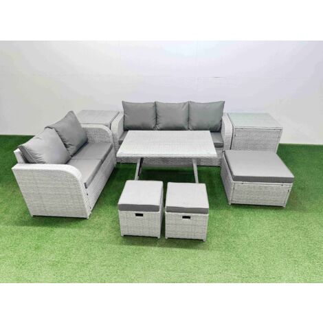 Fimous Outdoor PE Rattan Garden Furniture Set Rectangular Dining Table Sofa Set with 3 Stool 2 Side Tables Light Grey (1/5)