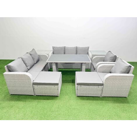 Fimous 10 Seater Wicker PE Rattan Furniture Outdoor Dining Table 3 Seater Sofa Reclining Chair Set with 2 Side Tables 2 Big Stools Light Grey (1/5)