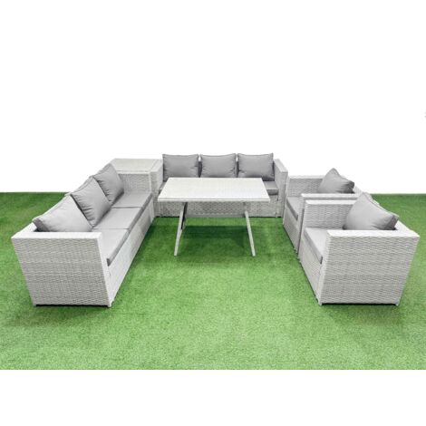 Fimous 8 Seater Garden Furniture Set PE Ratten Garden Sofa Set with Rectangular Dining Table Side Table Light Grey (1/5)