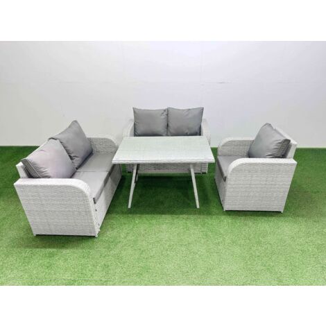 Fimous 5 Seater Outdoor Rattan Garden Furniture Set Love Sofa Reclining Chair Set with Rectangular Dining Table Light Grey (1/5)