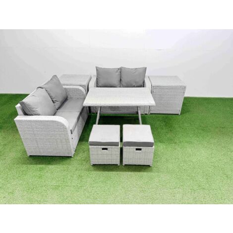 Fimous 6 Seater Outdoor Love Sofa Set Rattan Garden Furniture Set with Rectangular Dining Table 2 Side Tables 2 Small Footstool Light Grey (1/5)