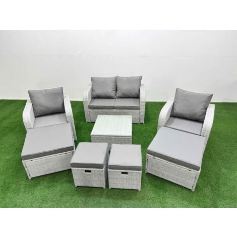 Fimous Outdoor Garden Furniture Set PE Rattan Love Sofa Reclining Chair Set with Coffee Table 4 Footstools Light Grey (1/5)
