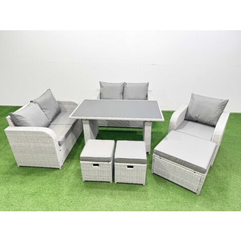 Fimous Rattan Sofa Outdoor Furniture with Dining Table,Love Sofa,3 Stools Patio Furniture Light Grey 8 Seater (1/5)